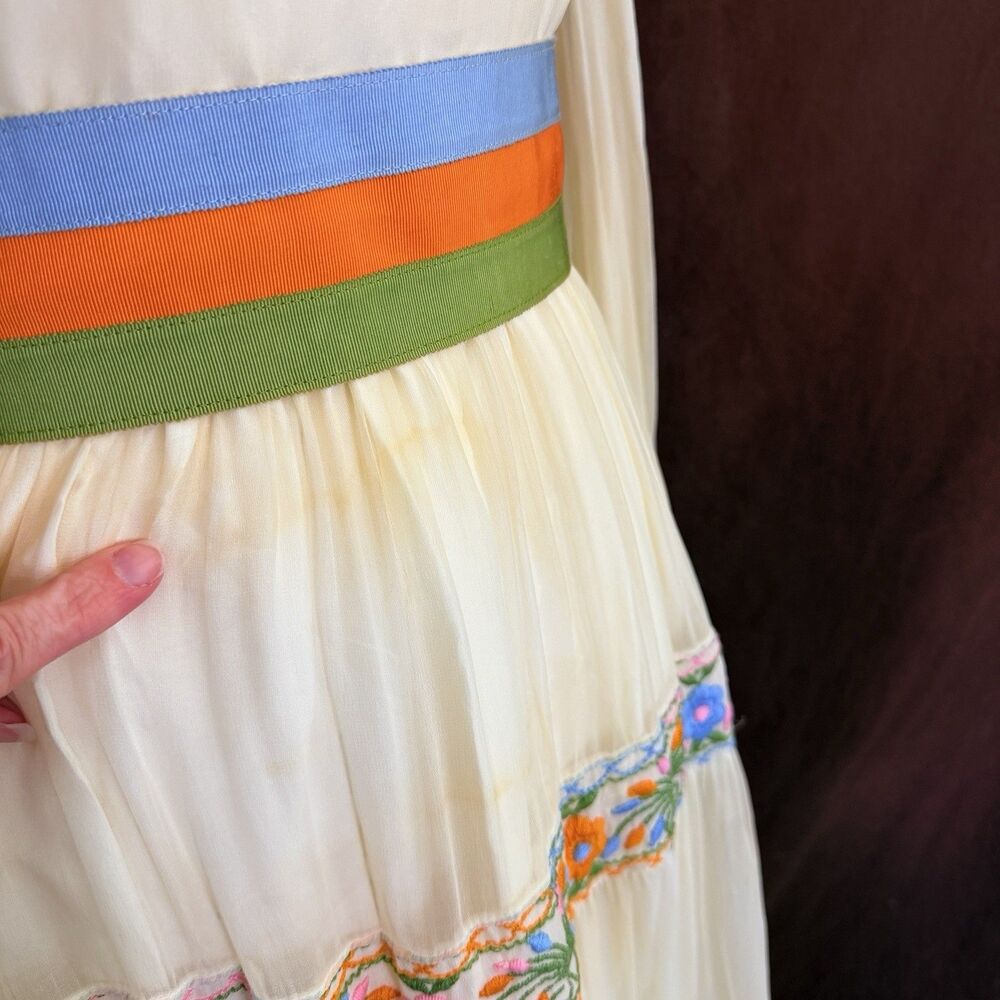 Vintage Prairie Maxi Dress S Embroidered Floral Sheer Sleeves Boho Cottagecore - Picture 6 of 13